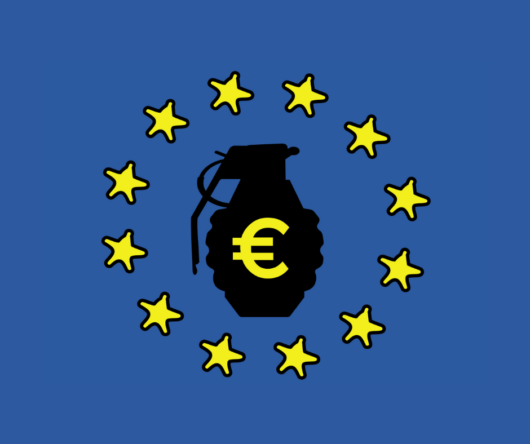 EU:n loppu, jossa keskellä musta kranaatti ja euron symboli.